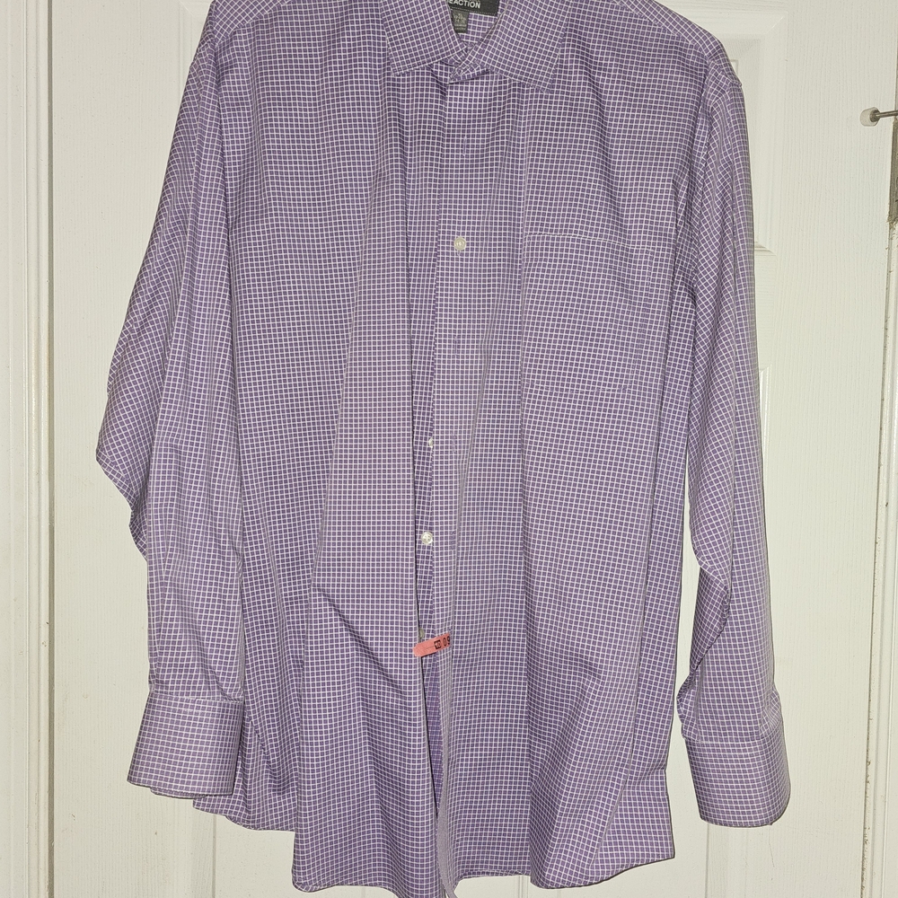 Kenneth Cole Reaction Lavender Checkered Dress Shirt XL 17.5x35